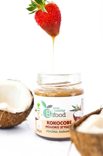 Згущене молоко кокосове на тростинному цукрі "Солона карамель" 240г Bifood 1696820426 фото